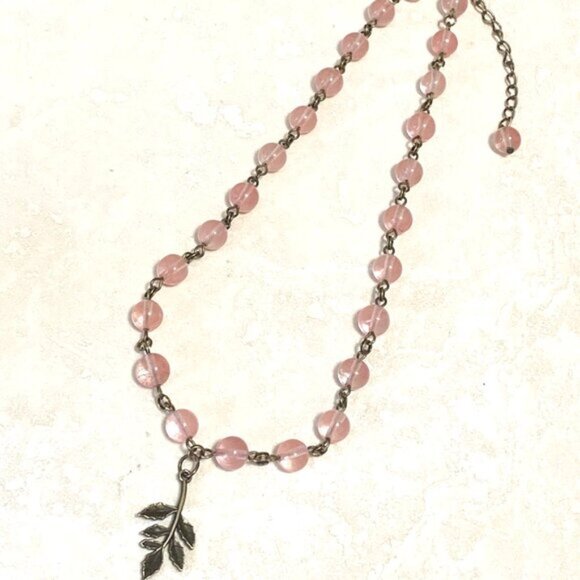 Cute Cherry Quartz Bronze Leaf Branch Pendant Adjustable Choker - Picture 7 of 16